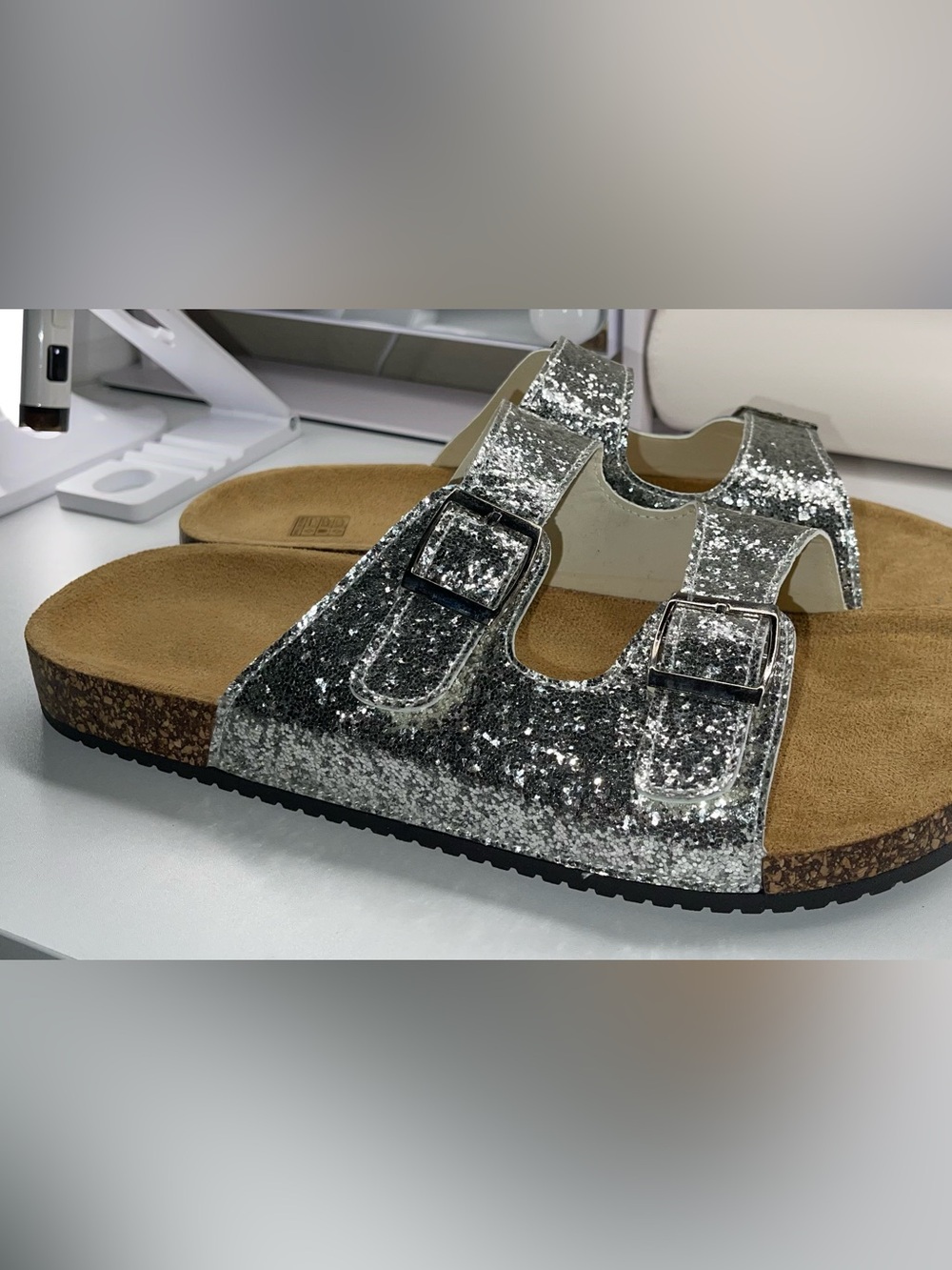 Women’s silver glitter, buckle sandal
